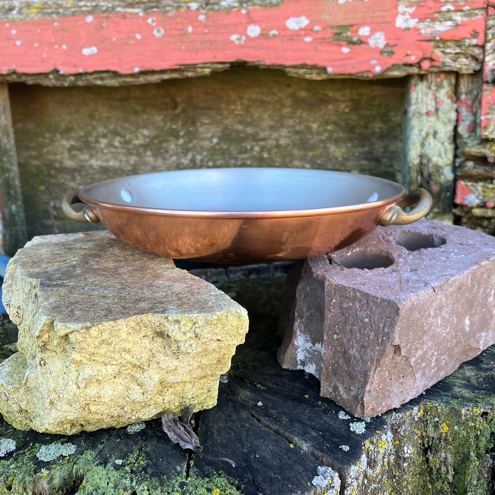 Vintage French Tin Lined Copper Serving Pan with Brass Handles 7”
